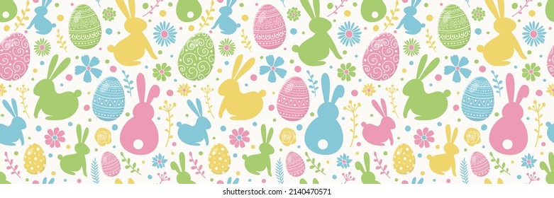 Easter pattern with decorative eggs, bunnies and flowers. Wallpaper or wrapping paper concept. Banner. Vector