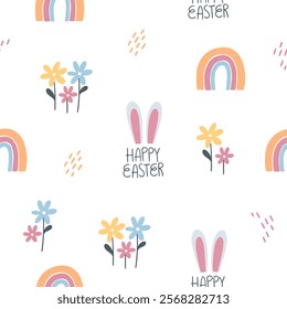 Easter pattern with different characters and other elements. Easter bunny, chicks, eggs and flowers, sheep, basket with eggs. Vector illustration.