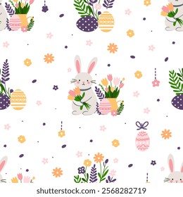 Easter pattern with different characters and other elements. Easter bunny, chicks, eggs and flowers, sheep, basket with eggs. Vector illustration.