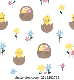 Easter pattern with different characters and other elements. Easter bunny, chicks, eggs and flowers, sheep, basket with eggs. Vector illustration.