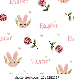 Easter pattern with different characters and other elements. Easter bunny, chicks, eggs and flowers, sheep, basket with eggs. Vector illustration.