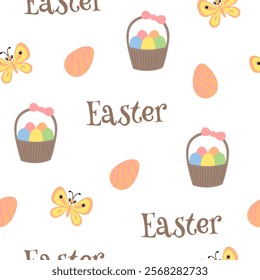 Easter pattern with different characters and other elements. Easter bunny, chicks, eggs and flowers, sheep, basket with eggs. Vector illustration.