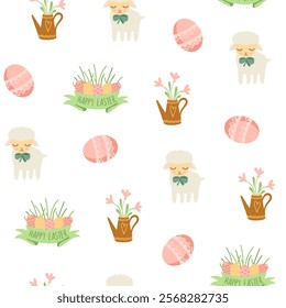 Easter pattern with different characters and other elements. Easter bunny, chicks, eggs and flowers, sheep, basket with eggs. Vector illustration.