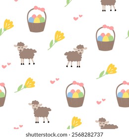 Easter pattern with different characters and other elements. Easter bunny, chicks, eggs and flowers, sheep, basket with eggs. Vector illustration.