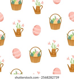 Easter pattern with different characters and other elements. Easter bunny, chicks, eggs and flowers, sheep, basket with eggs. Vector illustration.