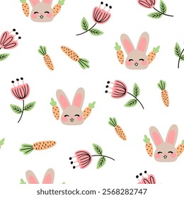 Easter pattern with different characters and other elements. Easter bunny, chicks, eggs and flowers, sheep, basket with eggs. Vector illustration.