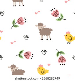 Easter pattern with different characters and other elements. Easter bunny, chicks, eggs and flowers, sheep, basket with eggs. Vector illustration.