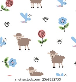Easter pattern with different characters and other elements. Easter bunny, chicks, eggs and flowers, sheep, basket with eggs. Vector illustration.