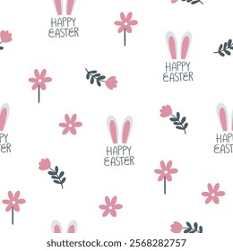 Easter pattern with different characters and other elements. Easter bunny, chicks, eggs and flowers, sheep, basket with eggs. Vector illustration.
