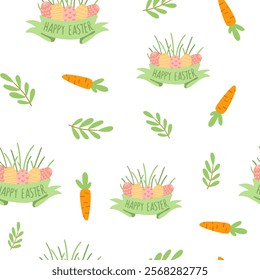 Easter pattern with different characters and other elements. Easter bunny, chicks, eggs and flowers, sheep, basket with eggs. Vector illustration.