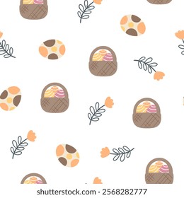 Easter pattern with different characters and other elements. Easter bunny, chicks, eggs and flowers, sheep, basket with eggs. Vector illustration.