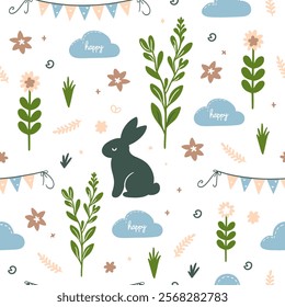 Easter pattern with different characters and other elements. Easter bunny, chicks, eggs and flowers, sheep, basket with eggs. Vector illustration.