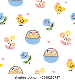 Easter pattern with different characters and other elements. Easter bunny, chicks, eggs and flowers, sheep, basket with eggs. Vector illustration.