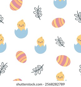 Easter pattern with different characters and other elements. Easter bunny, chicks, eggs and flowers, sheep, basket with eggs. Vector illustration.