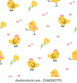 Easter pattern with different characters and other elements. Easter bunny, chicks, eggs and flowers, sheep, basket with eggs. Vector illustration.