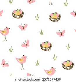 Easter pattern with different characters and other elements. Easter bunny, chicks, eggs and flowers, sheep, basket with eggs. Vector illustration.