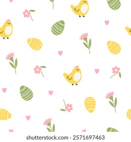 Easter pattern with different characters and other elements. Easter bunny, chicks, eggs and flowers, sheep, basket with eggs. Vector illustration.