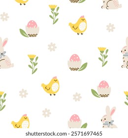 Easter pattern with different characters and other elements. Easter bunny, chicks, eggs and flowers, sheep, basket with eggs. Vector illustration.