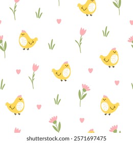 Easter pattern with different characters and other elements. Easter bunny, chicks, eggs and flowers, sheep, basket with eggs. Vector illustration.