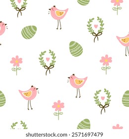 Easter pattern with different characters and other elements. Easter bunny, chicks, eggs and flowers, sheep, basket with eggs. Vector illustration.