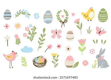 Easter pattern with different characters and other elements. Easter bunny, chicks, eggs and flowers, sheep, basket with eggs. Vector illustration.