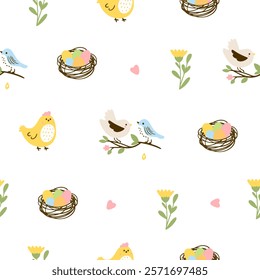 Easter pattern with different characters and other elements. Easter bunny, chicks, eggs and flowers, sheep, basket with eggs. Vector illustration.