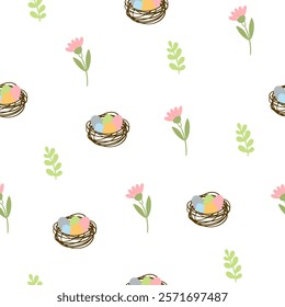 Easter pattern with different characters and other elements. Easter bunny, chicks, eggs and flowers, sheep, basket with eggs. Vector illustration.