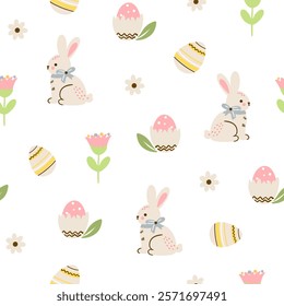 Easter pattern with different characters and other elements. Easter bunny, chicks, eggs and flowers, sheep, basket with eggs. Vector illustration.
