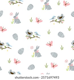 Easter pattern with different characters and other elements. Easter bunny, chicks, eggs and flowers, sheep, basket with eggs. Vector illustration.