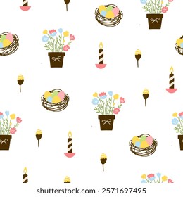 Easter pattern with different characters and other elements. Easter bunny, chicks, eggs and flowers, sheep, basket with eggs. Vector illustration.
