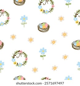 Easter pattern with different characters and other elements. Easter bunny, chicks, eggs and flowers, sheep, basket with eggs. Vector illustration.