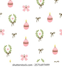 Easter pattern with different characters and other elements. Easter bunny, chicks, eggs and flowers, sheep, basket with eggs. Vector illustration.
