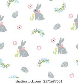 Easter pattern with different characters and other elements. Easter bunny, chicks, eggs and flowers, sheep, basket with eggs. Vector illustration.