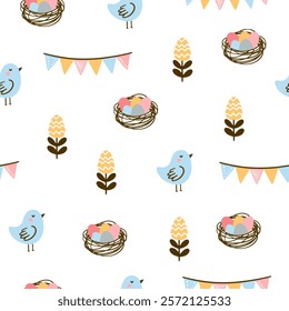 Easter pattern with different characters and other elements. Easter bunny, chicks, eggs and flowers, sheep, basket with eggs. Vector illustration.