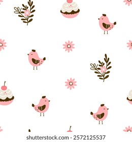 Easter pattern with different characters and other elements. Easter bunny, chicks, eggs and flowers, sheep, basket with eggs. Vector illustration.