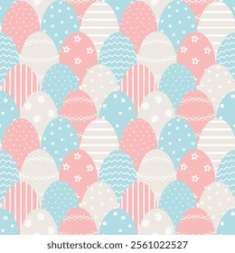 Easter Pattern with Different Easter Eggs. Beautiful Seamless Background. Happy Easter Design. Vector illustration in Blue, Red, Beige, White 