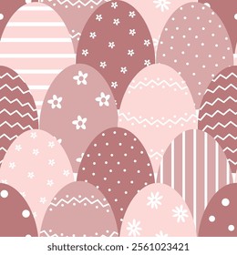 Easter Pattern with Different Easter Eggs. Beautiful Seamless Background. Happy Easter Design. Vector illustration in Pink, Brown, White