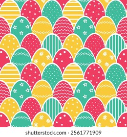 Easter Pattern with Different Easter Eggs. Beautiful Seamless Background. Bright Modern Happy Easter Design. Vector illustration in Red, Green, Yellow, White