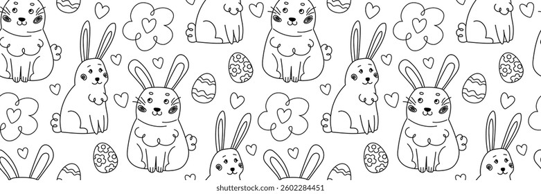 Easter pattern with doodle funny rabbit. Hand drawn trendy linear eggs and cute character. Spring baby background. For wrapping paper, textiles, children room decor. Vector outline illustration.