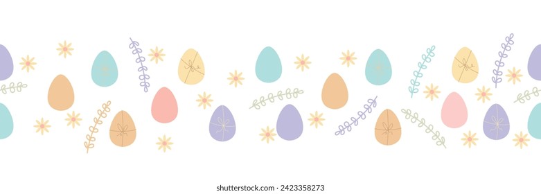 Easter pattern with dyes eggs and flowers on white background
