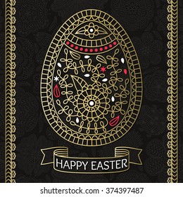 Easter pattern with  egg and borders. Floral background at the back. Text  on the striped ribbon. Golden design. Vector illustration.