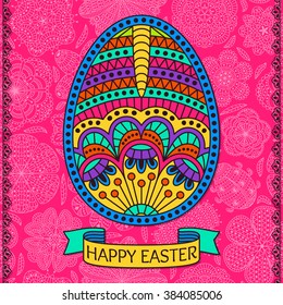 Easter pattern with Easter egg and borders. Floral background at the back. Text  on the striped ribbon. Golden design. Vector illustration.