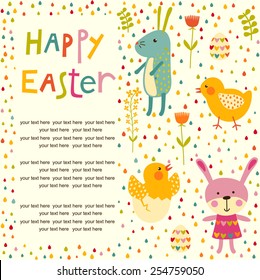 Easter pattern with egg, chicken and rabbit. Baby background with place for text. 