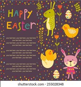 Easter pattern with egg, chicken and rabbit. Baby background with place for text
