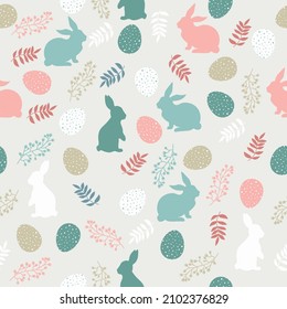 Easter pattern with eggs, bunnies and flowers in pastel colors. Seamless Rapport for your design. Design for title for the site ,banner, poster, card, paper print, postcard, background