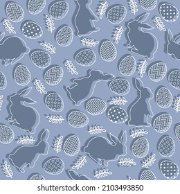 Easter pattern with eggs, bunnies and flowers in pastel colors. Seamless Rapport for your design. Design for title for the site ,banner, poster, card, paper print, postcard, background