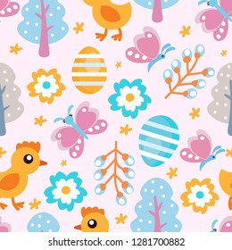 Easter pattern with eggs, butterflies, chickens, flowers, trees on pink background. For Easter holiday, textiles, fabric, Wallpaper, wrapping paper, background.