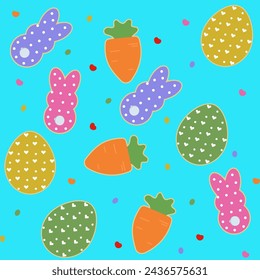 Easter pattern with eggs, carrots, bunnies and hearts in bright colors.