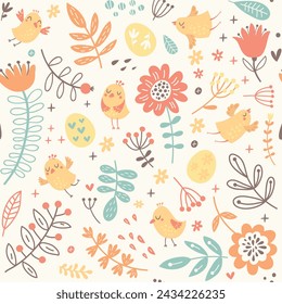 Easter pattern with eggs and cute birds