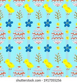 Easter pattern with eggs, flowers, chickens, willow on a blue background. Pattern for Easter holiday, textile, fabric, background, packaging paper.